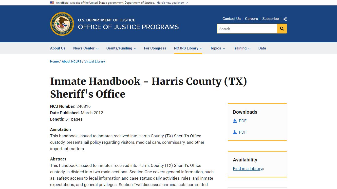 Inmate Handbook - Harris County (TX) Sheriff's Office